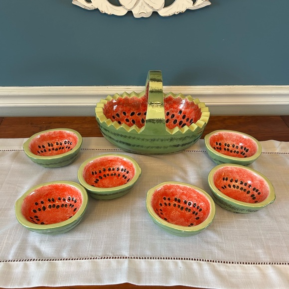 Other - Vintage Hand Painted Watermelon Ceramic Serving Bowl & 6 Bowls Set